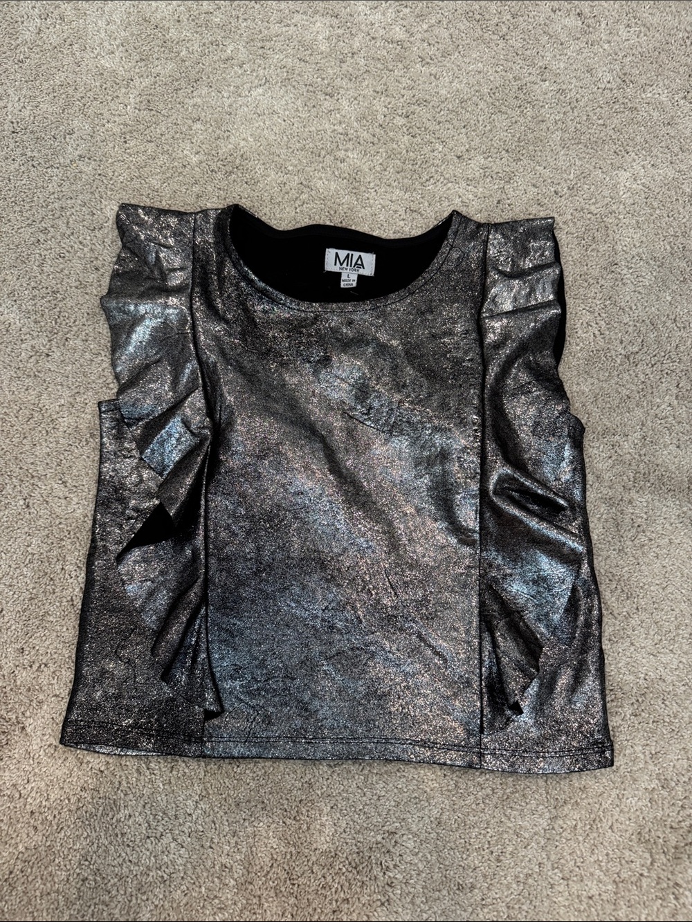 MIA Metallic Ruffle shoulder Stretch sleeveless top. Youth Large.